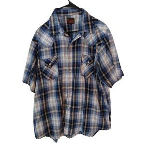 Men's XL Plains Western Wear Blue Plaid Pearl Snap Short Sleeve Shirt